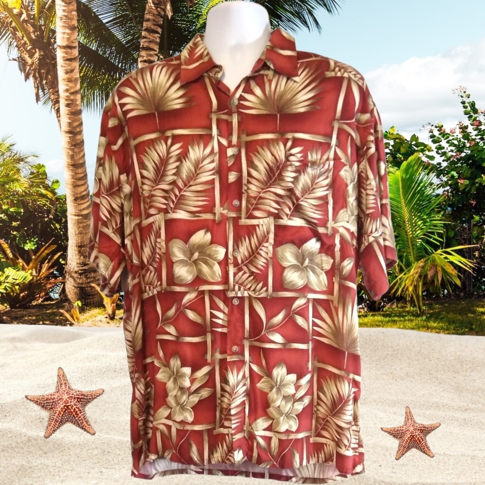Pierre Cardin Hawaiian Shirt Mens Large Red with Leaves One Front Pocket